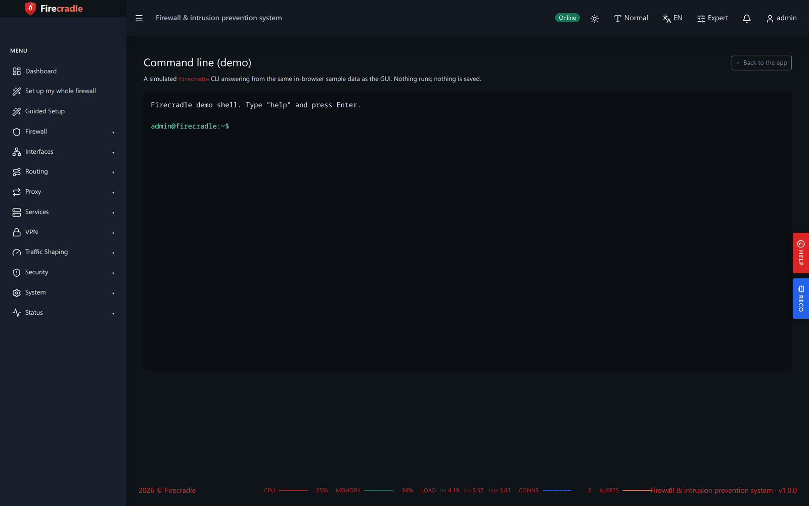 A terminal window running the firecradle command-line tool, showing a status command output as a formatted table