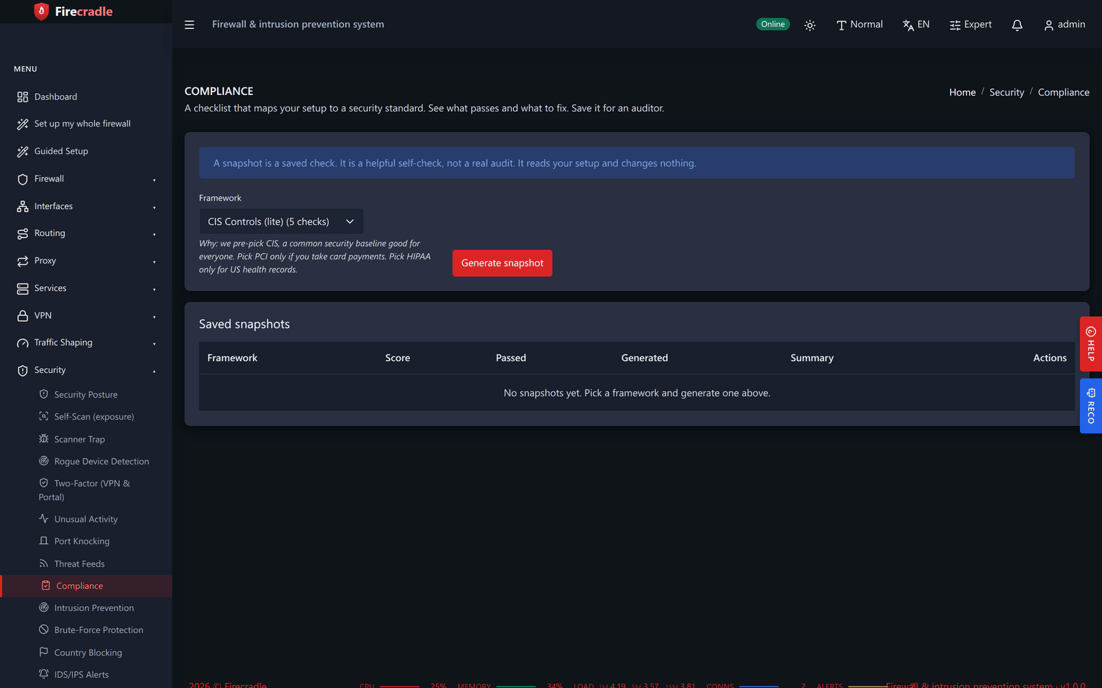 Firecradle compliance screen showing a checklist scored against PCI, HIPAA, and CIS-style controls with pass and fail counts and a saved snapshot date