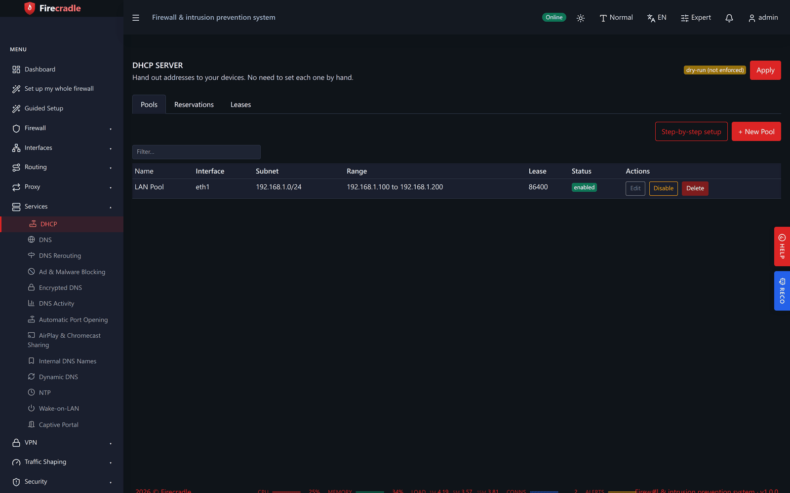 Firecradle DHCP screen showing an address pool for the LAN with its range, lease time and a list of pinned device reservations
