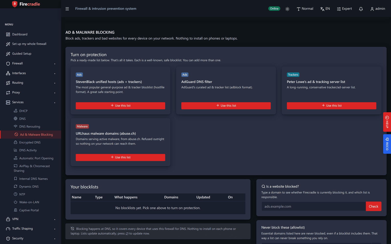 Firecradle DNS blocklists screen listing ad, tracker and malware blocklists with the number of domains in each and a toggle to enable them