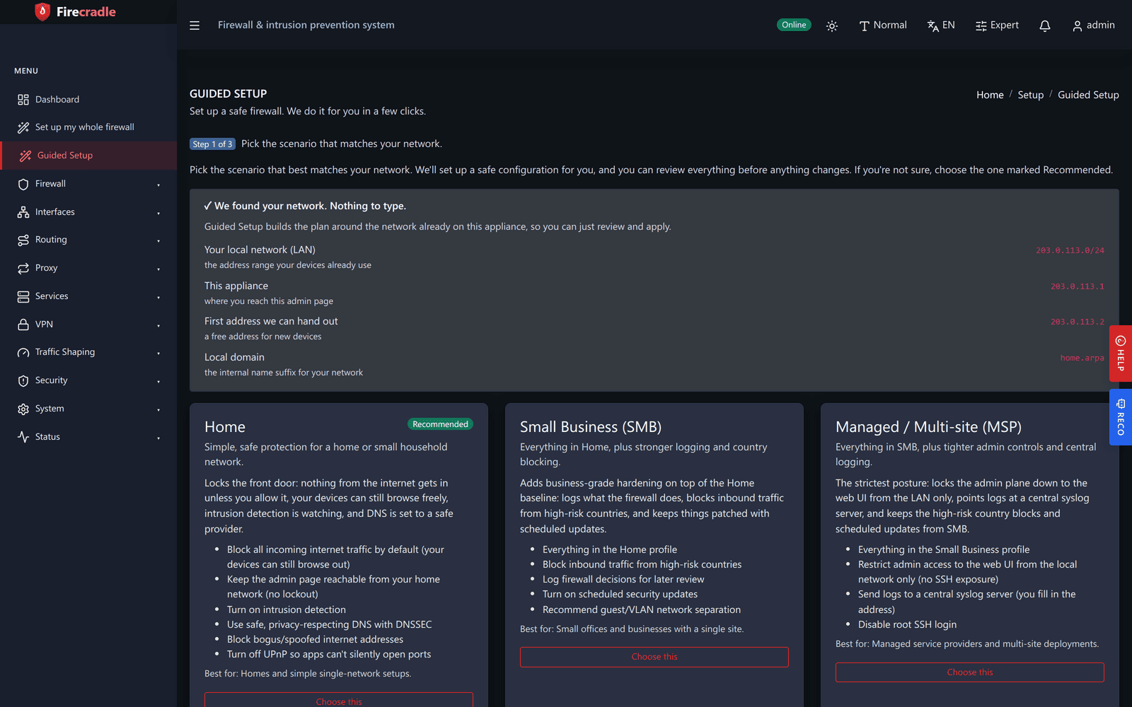 Firecradle guided setup wizard in the live demo, asking a plain-language question with a Next button