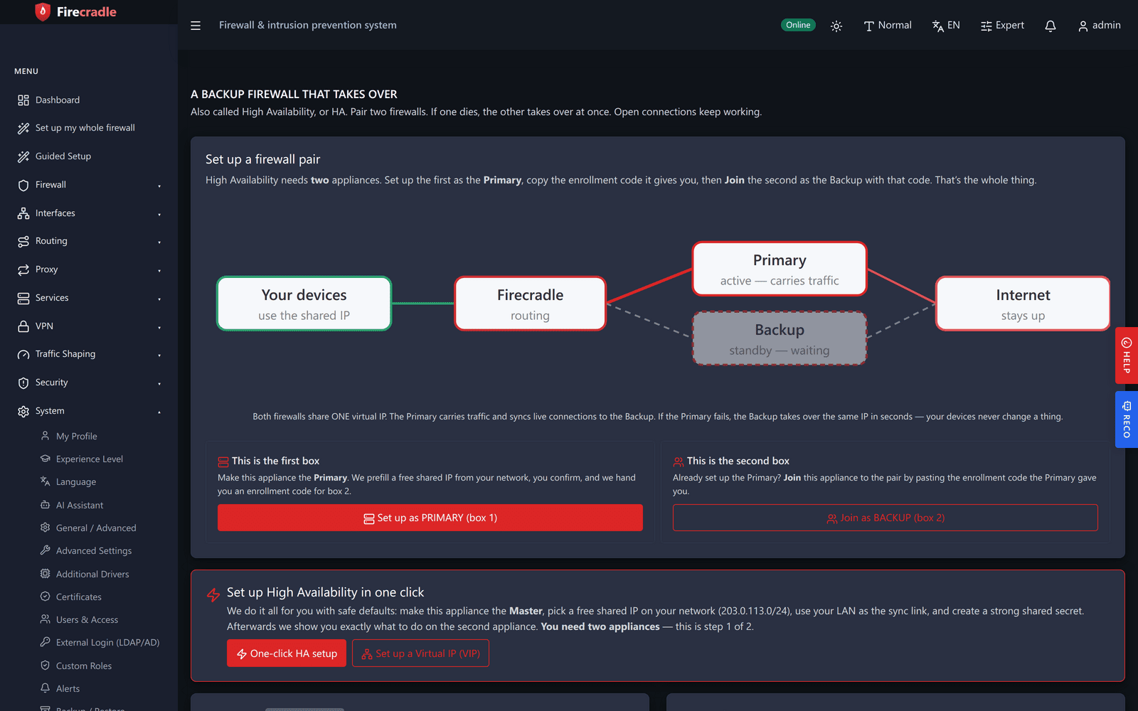Firecradle high availability screen showing a paired appliance with role Active, peer status Standby-ready, VRRP priority, and connection state sync status as In sync
