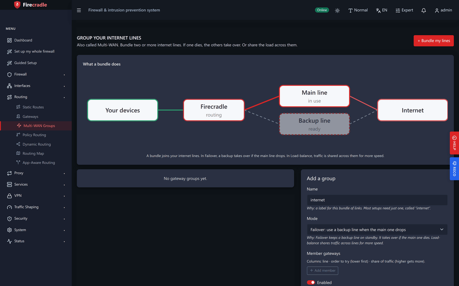 Firecradle multi-WAN screen showing two gateway groups, one set to tiered failover and one set to weighted load-balancing, with live status for each internet line