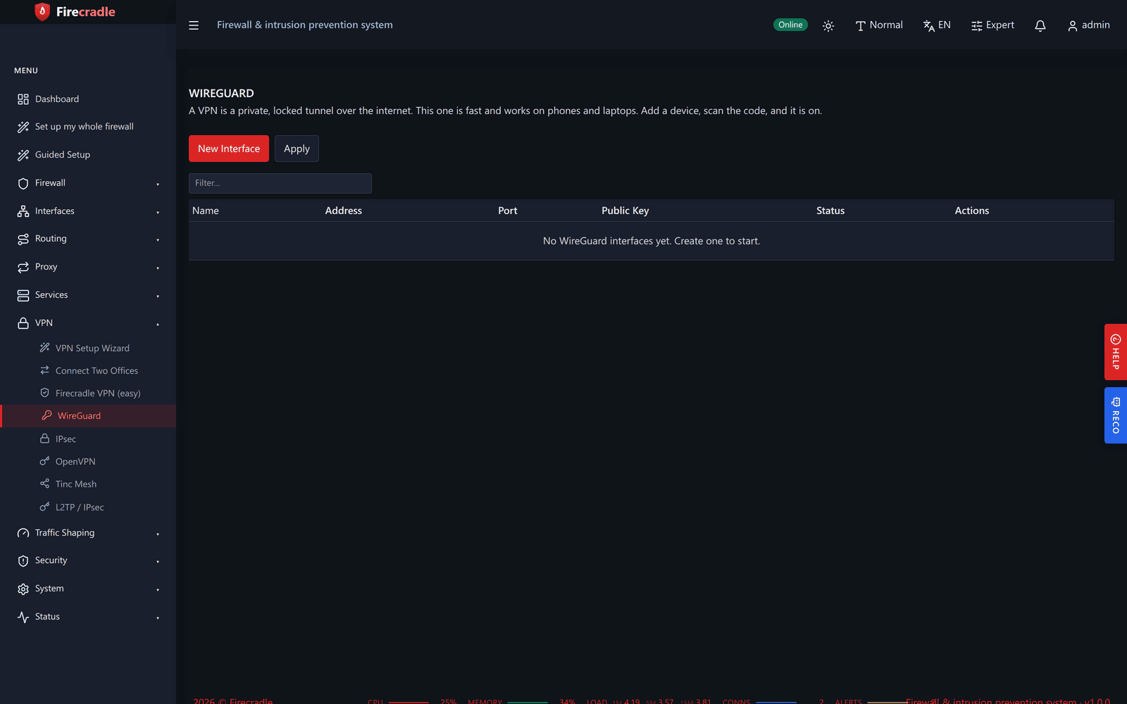 The WireGuard VPN screen listing peers with generated client configs and QR codes